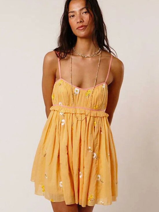 Free People Dresses & Skirts - Free People Alana Babydoll Dress- Mini- Yellow/Orange-Embroidered-M-MSRP $128